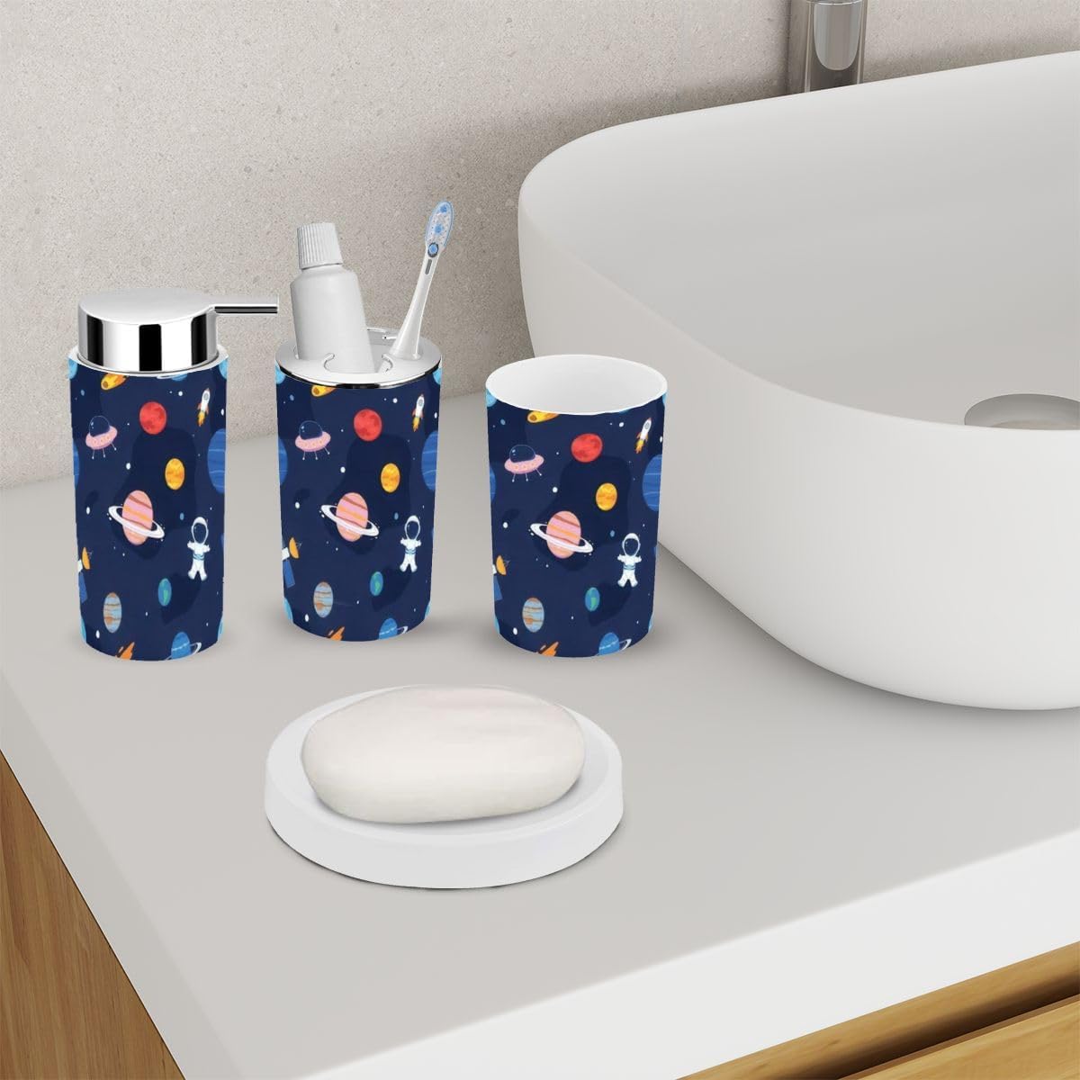 Bathroom Accessory Set 6 Piece Space Seamless Planets Solar Flat Dark Toothbrush Holder, Toothbrush Cup, Soap Dispenser, Soap Dish, Toilet Brush Holder, Trash can, izgb24lne7MGo-6j