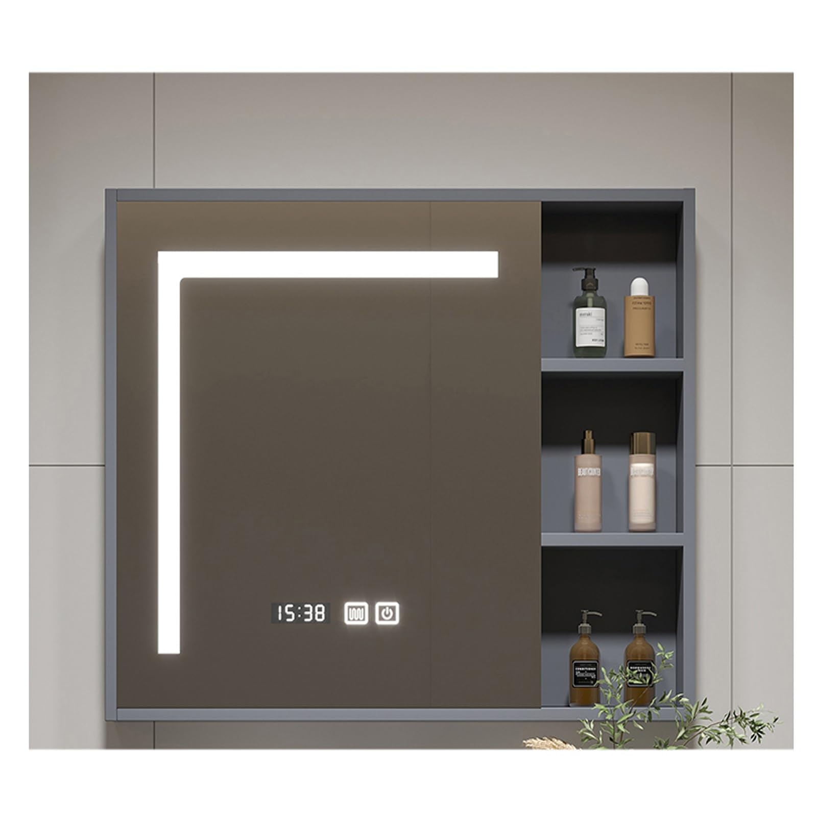 FLYIODFCXV bathroom mirror cabinet, With LED Lights，Large Storage Capacity, Smart Touch, Defogging Design, Solid Wood Panel(Grey,68 * 70cm/26.7 * 27.5in)