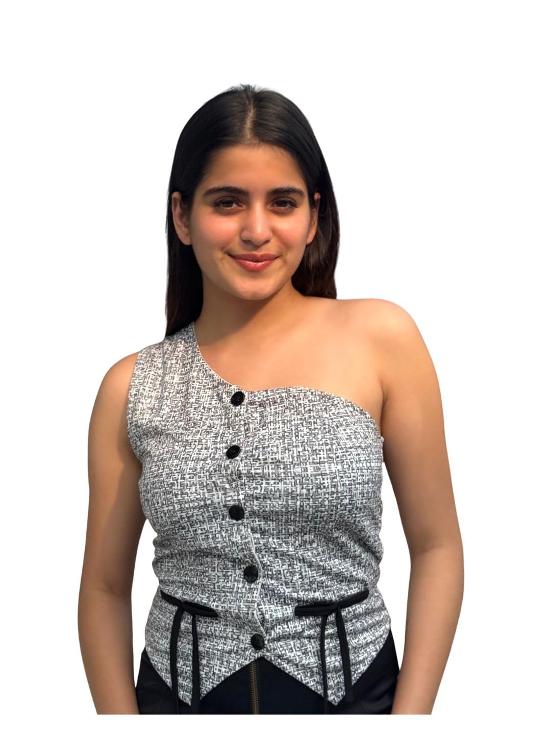tandul Women's Checkered Multicolor Cotton Blend Top Regular Fit One Shoulder Sleeves Top for Womens Soft & Breathable & Comfortable Outfits for Office, Casual, Festive & Party (11661)-picture-47