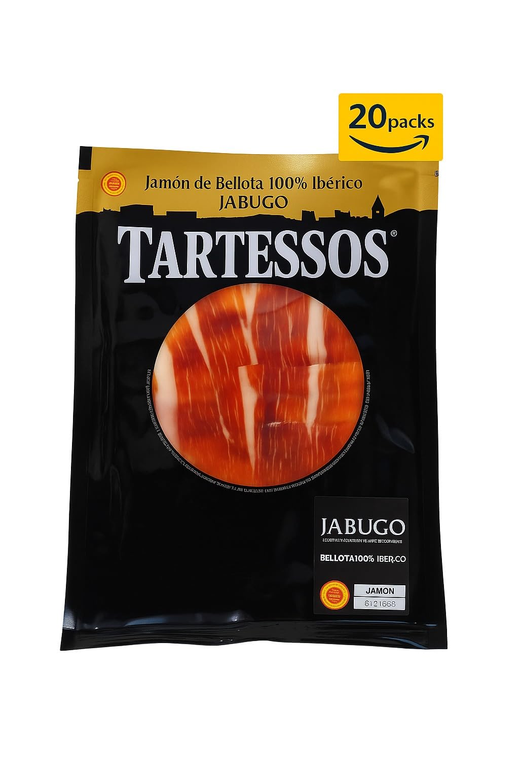 Jamón de Bellota Jamones Tartessos I Ibérico 100% DOP Jabugo I Cortado a mano I 80gr por sobre I 20 Sobres