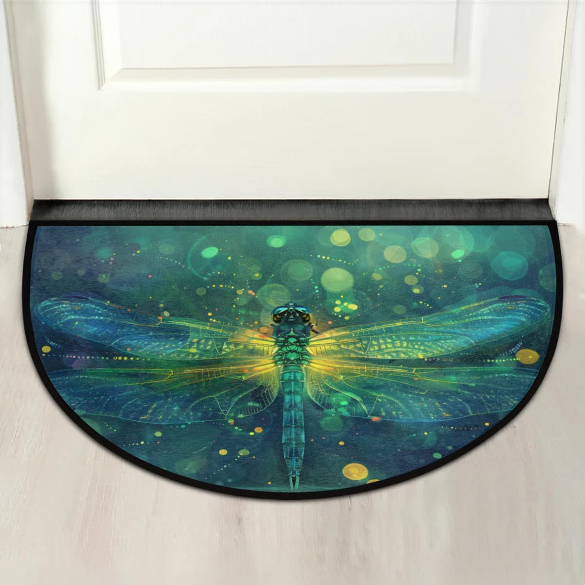 cfpolar Half Round Door Mat Dragonfly Animal Green Non-Slip Semi Circle Area Rug Washable Half Moon Hearth Rugs for Indoor Outdoor Bathroom Kitchen Patio Runner Mat Laundry Room Home Decoration
