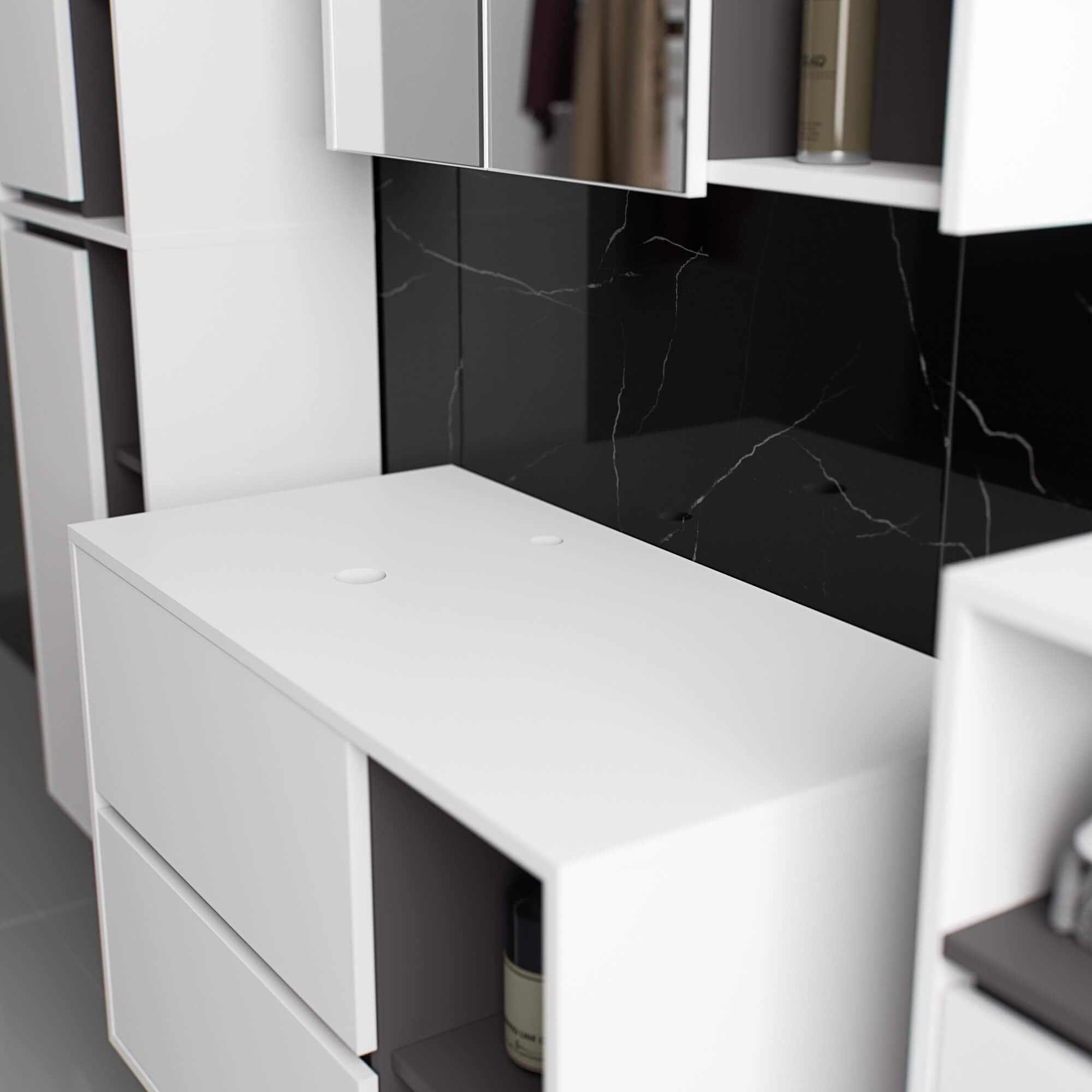 AKORD Badezimmer Komplett Set - Hängendes Badezimmermöbel-Set mit Spiegelschrank, Hängeschrank, Hochschrank & Unterschrank - Badmöbel - Weiß & Graphitgrau