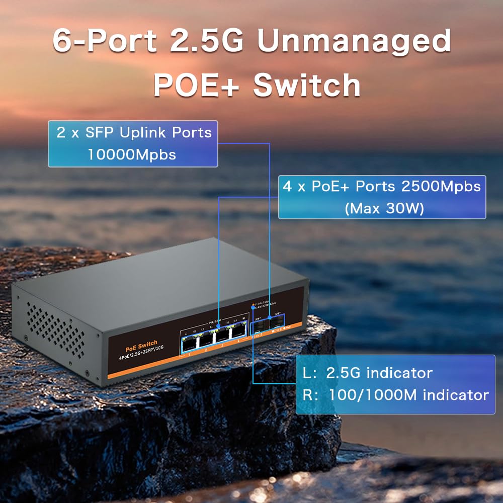 Commutateur PoE Non géré 2,5 GB/s avec 4 Ports 2.5G Base-T et 2 Ports Uplink 10G SFP, Compatible avec 100/1000/2500Mbps, Design sans Ventilateur, Commutateur réseau 2.5Gb en métal (6)
