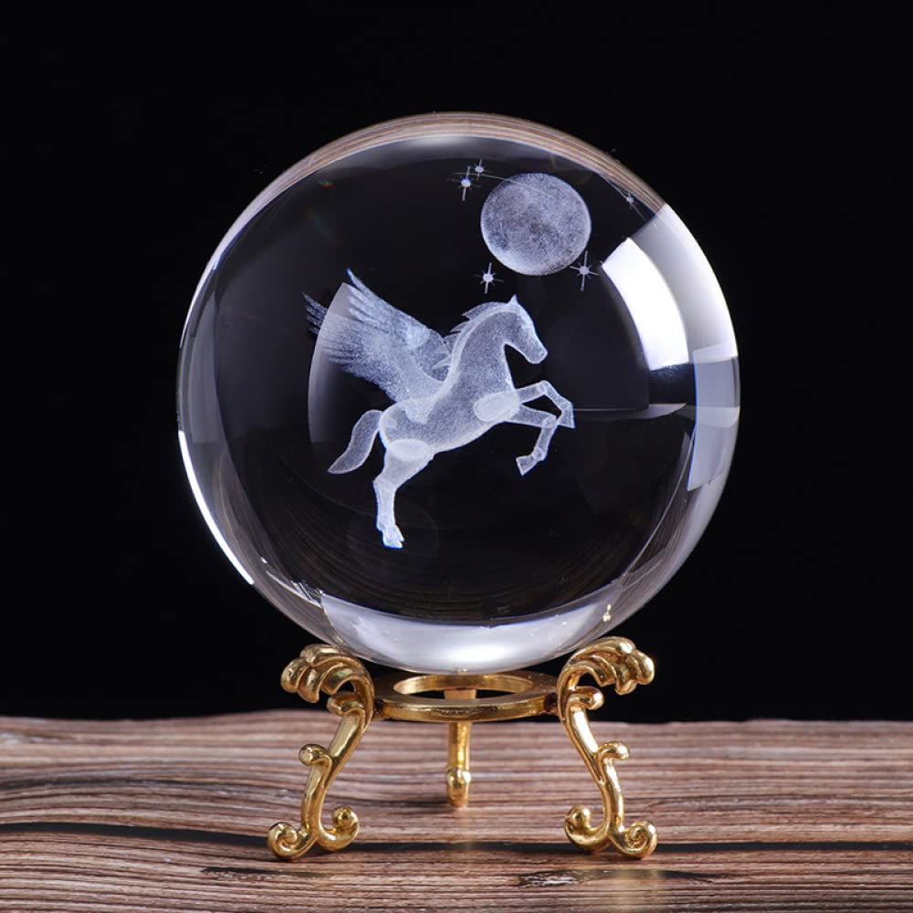 VVW&LIU Bola de Cristal de Pegaso en Miniatura grabada en 3D de 80mm, Esfera Artesanal de Cristal, Adorno de decoraci¨®n del hogar, Regalo de Cumplea?os, con Base Dorada de 80mm