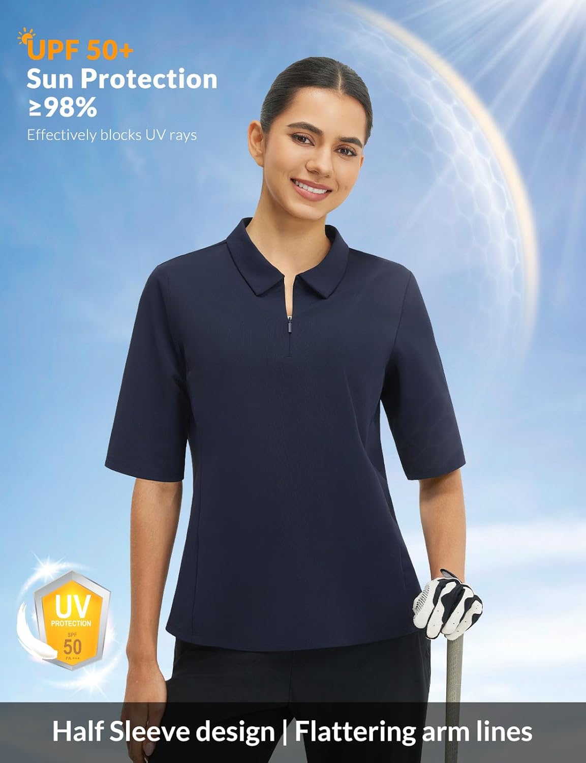 baleaf Womens Half Sleeve Golf Shirts Elbow Length Sleeve Quarter Zip Polo Tops V Neck UPF 50+ Sun Protection Workout - Image 3
