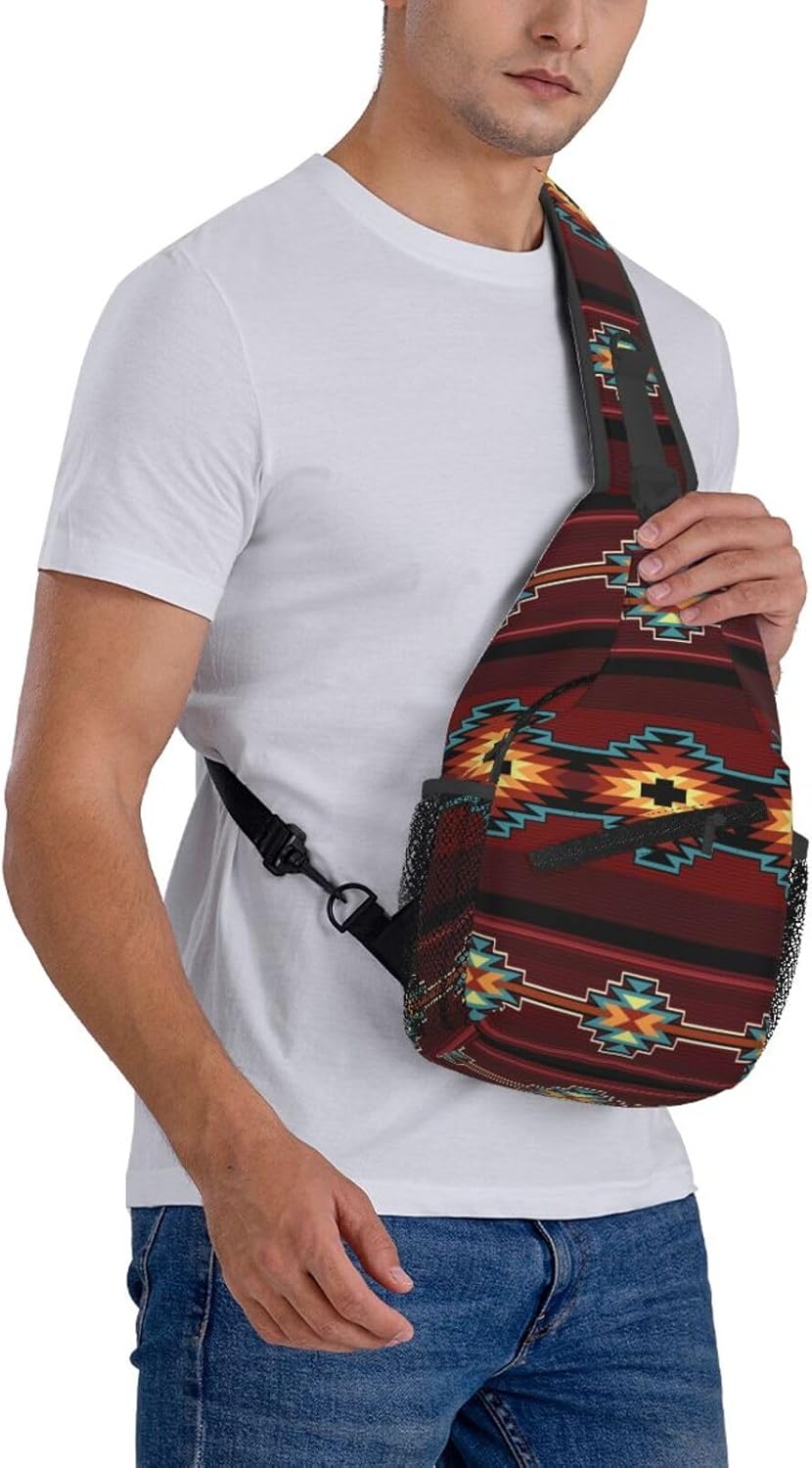 Southwest Native American Tribal Sling Bag for Women Men Aztec Geometry Striped Red Pattern Crossbody Backpack Abstract Navajo Print Sling Backpack Casual Shoulder Bag Travel Hiking Daypack - Image 7