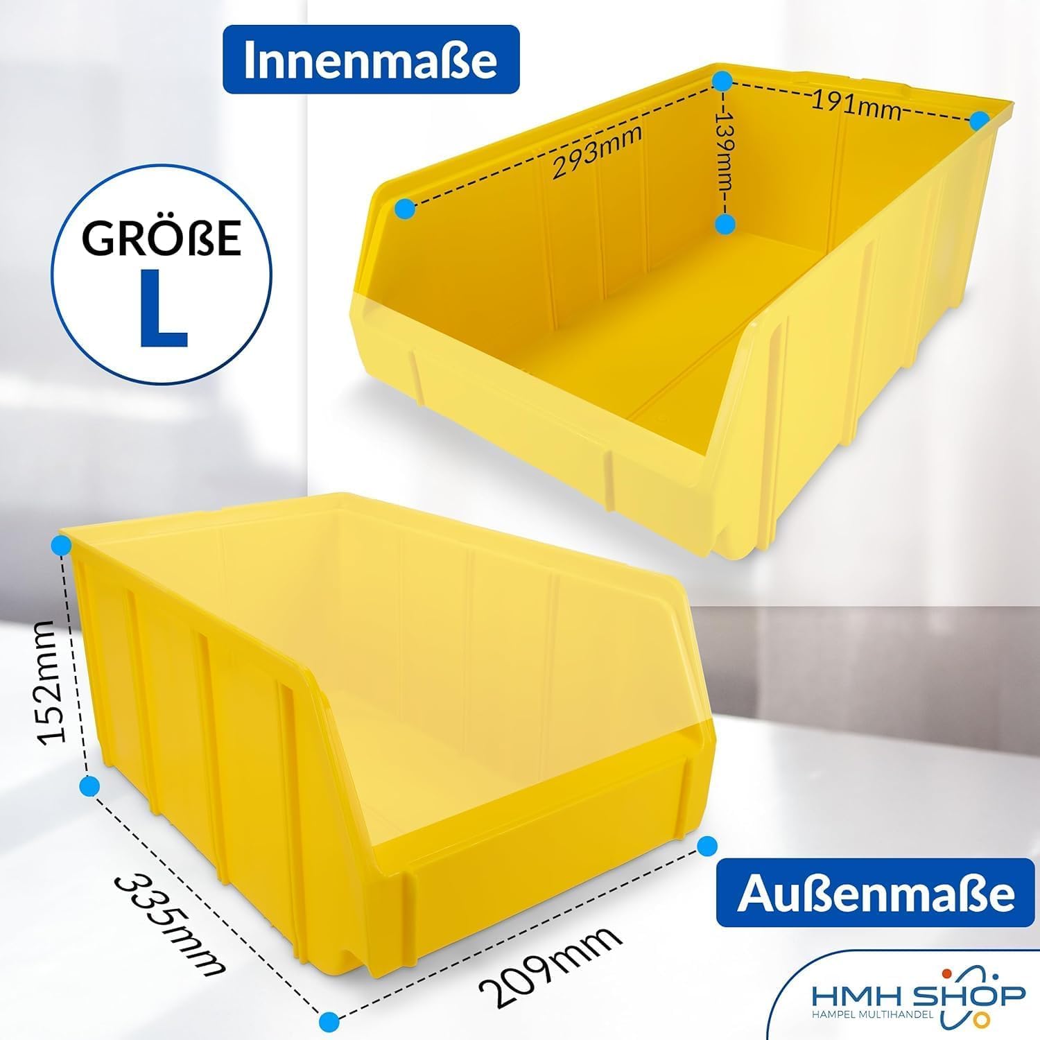 HMH Stapelboxen der Größe L 335x209x152mm für dein Kleinteilelager, Sortierkisten in 5 Farben, Zubehör wie Deckel Trennsteg Beschriftungsfach Wandschiene (Grün, 8 Stück)