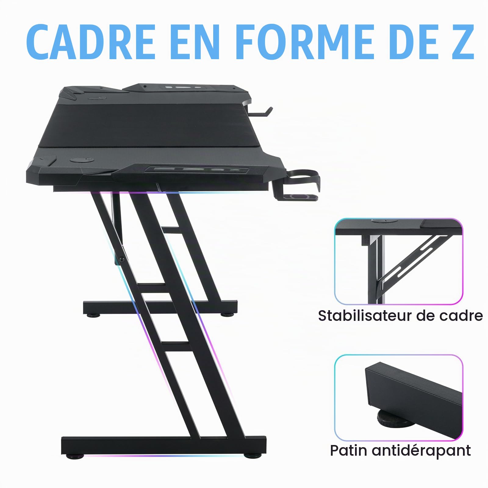 Bureau Gaming, Bureau Gamer LED, Table Gaming, 120x60cm PC Robuste Bureau Informatique Ergonomique avec Porte Gobelet et Crochet pour Casque, LED Table Bureau en Forme de Z Cool