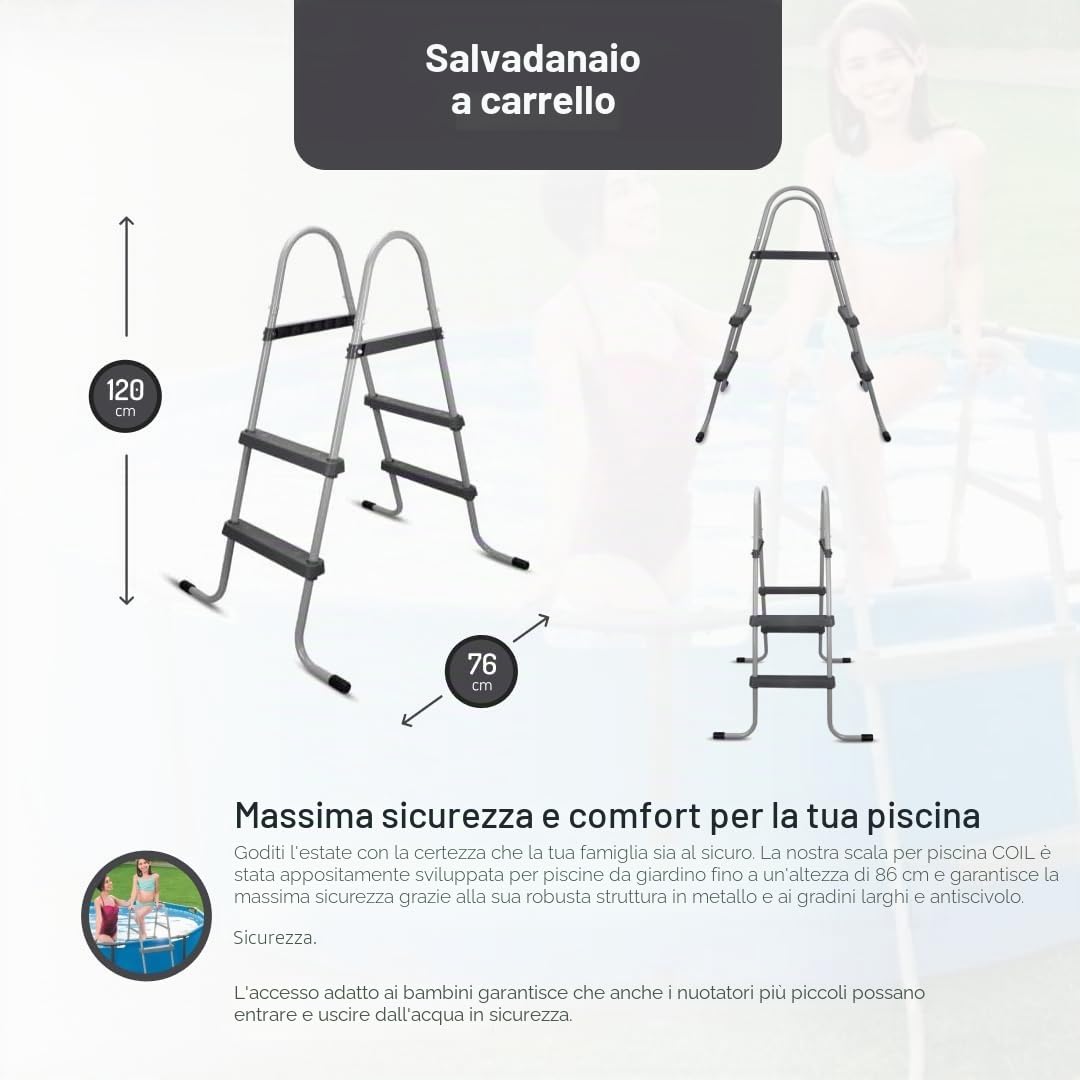 COIL Scaletta stabile per piscine da giardino fino a 86 cm, in metallo, scala di sicurezza con ampi gradini, montaggio rapido, adatta ai bambini, robusta e durevole, ideale per piccole piscine