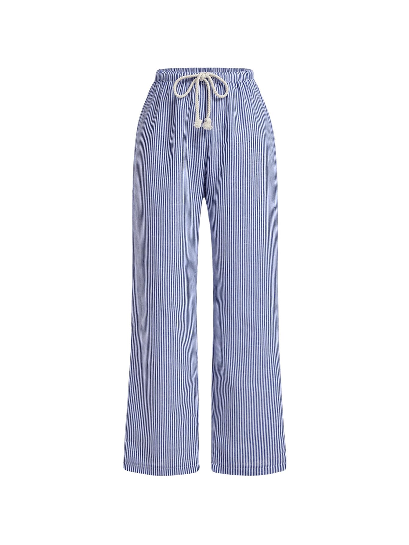 OYOANGLE Womens Striped Wide Leg Pants Drawstring Waist Straight Leg Trousers Lounge Pants