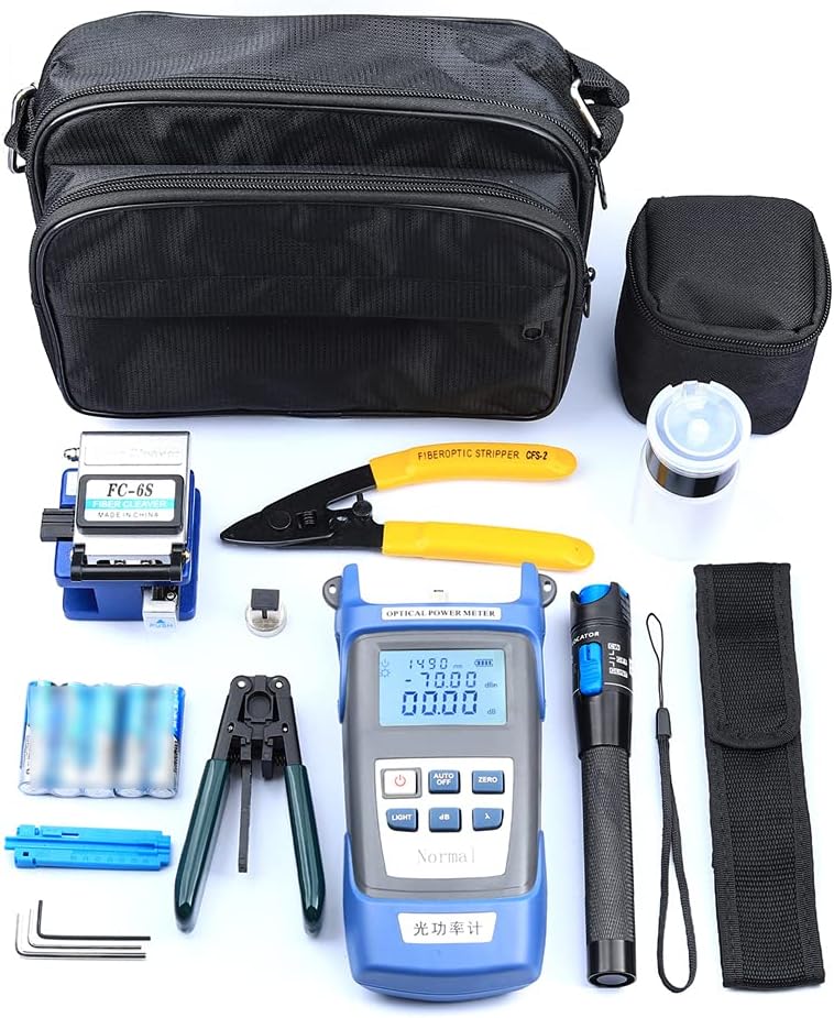Eacam Fiber Optic FTTH Tool Kit Optical Power Meter Fiber Cleaver Wire Stripper Optical Fiber Cold Connection Tools Set with Storage Bag