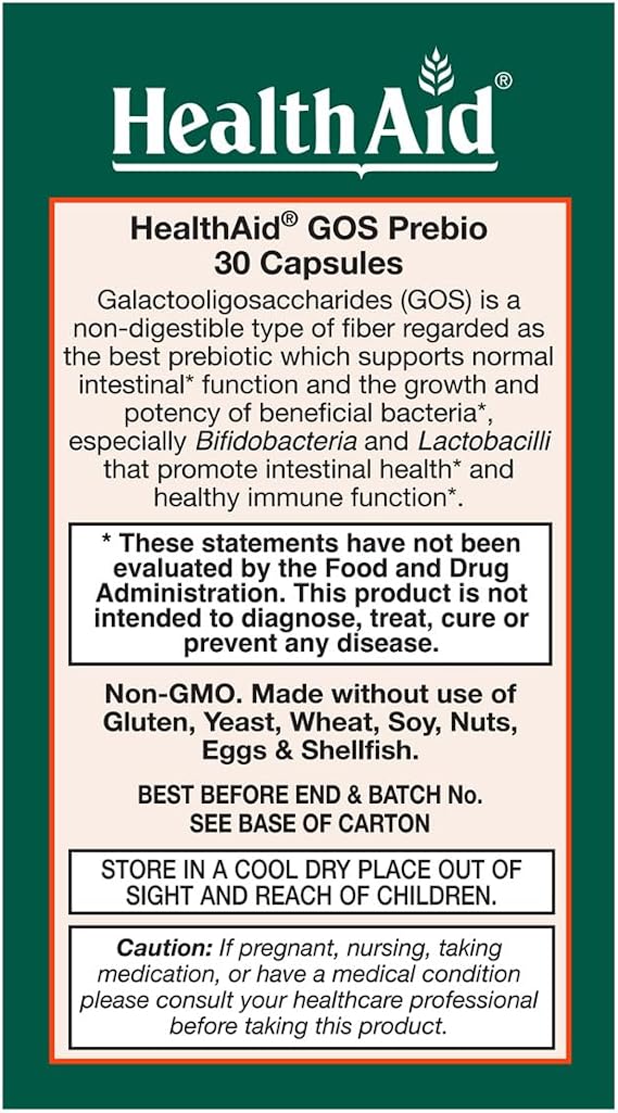 HealthAid GOSPrebio, Prebiotic Fiber, Once Daily, 30ct, Helps Proliferation of Beneficial Bacteria in the Gut, Galactooligosaccharides