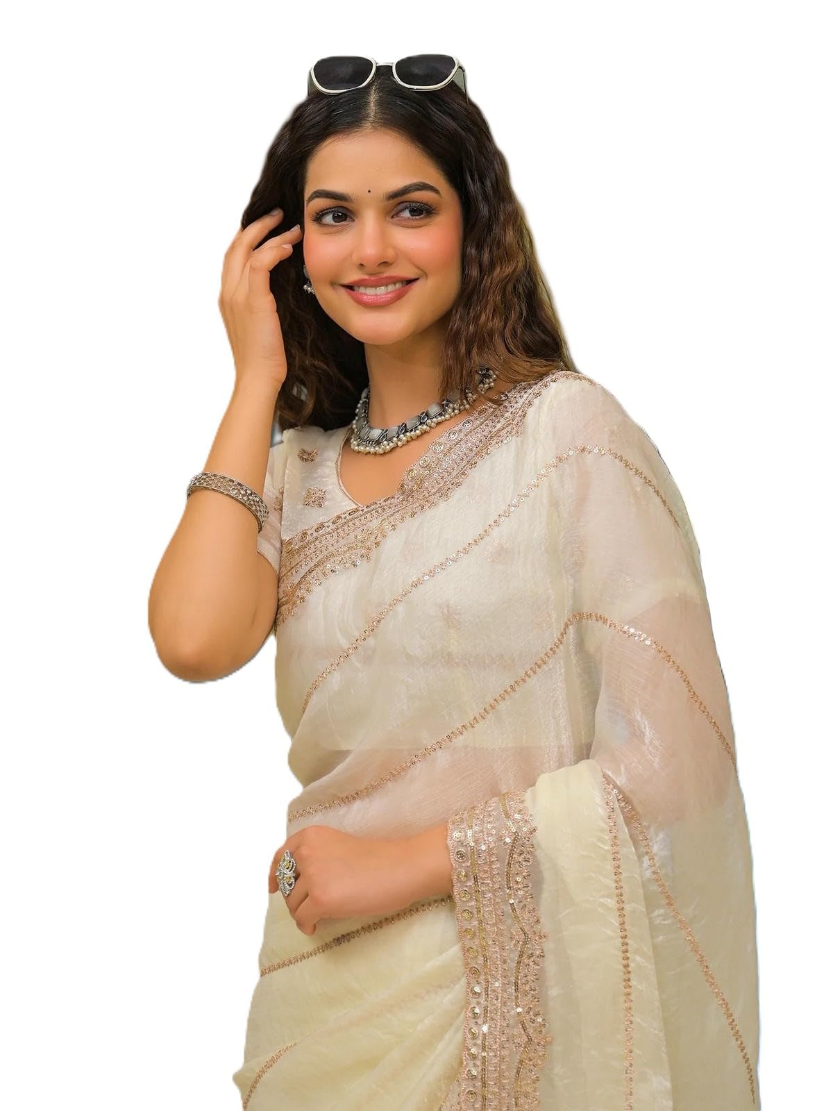 samantha Women's Striped Chiffon Embroidered Sequin Work Saree With Embroidery And Sequence Work Blouse-picture-55