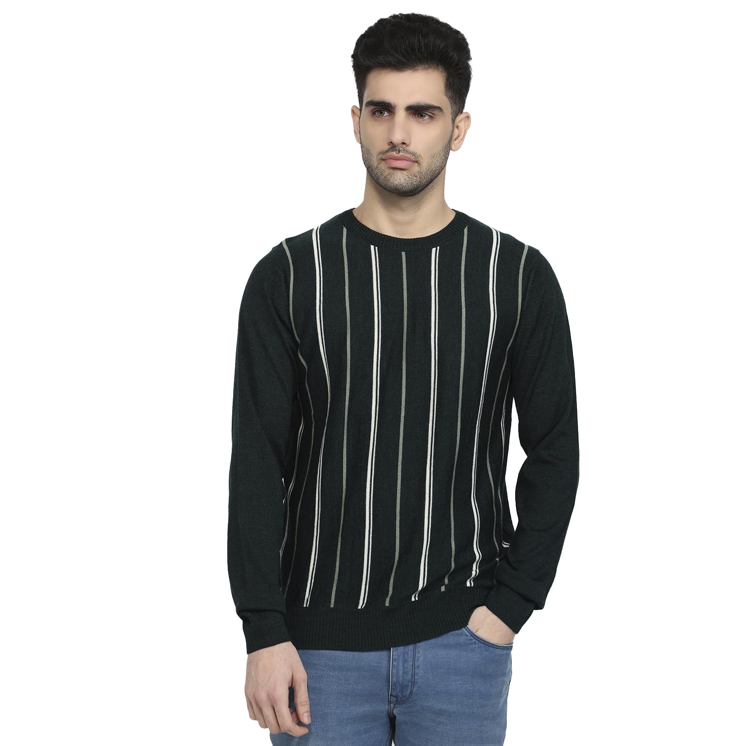 Men Regular Fit Stripe Pattern Acrylic Wool Blend Round Neck Full Sleeve Casual Sweater-image-22