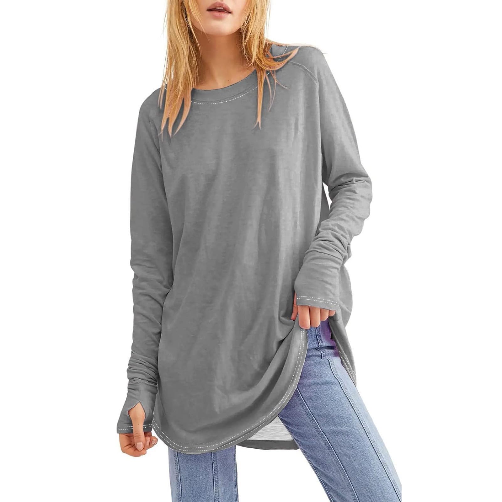 Long Sleeve Shirts for Women Loose Fit Cotton Crewneck Tunic Tops with Thumb Holes Fall Dressy Casual Tunic Blouses