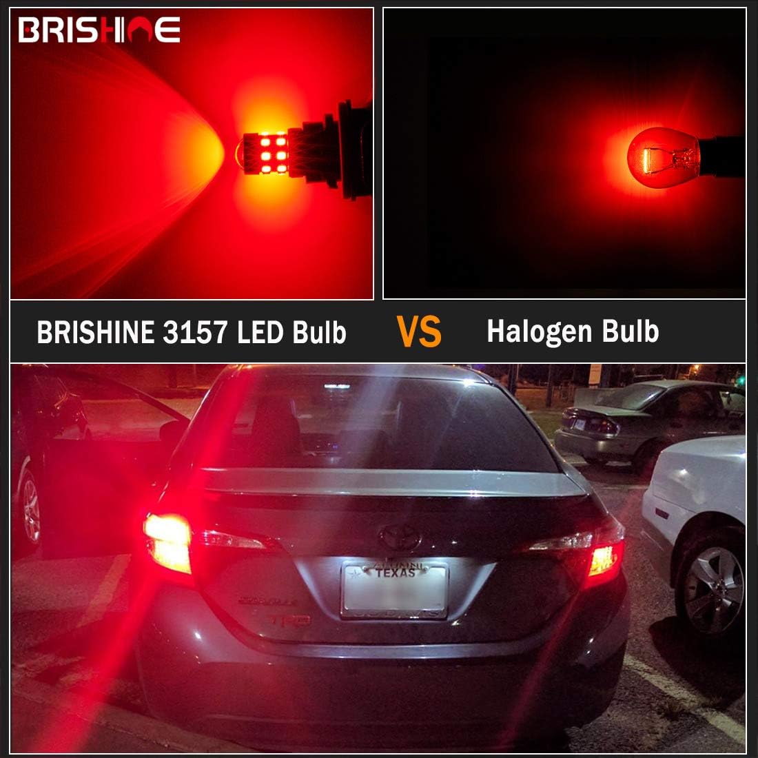 Comparison of BRISHINE 3157 LED bulb versus a standard Halogen bulb in terms of brightness and color.