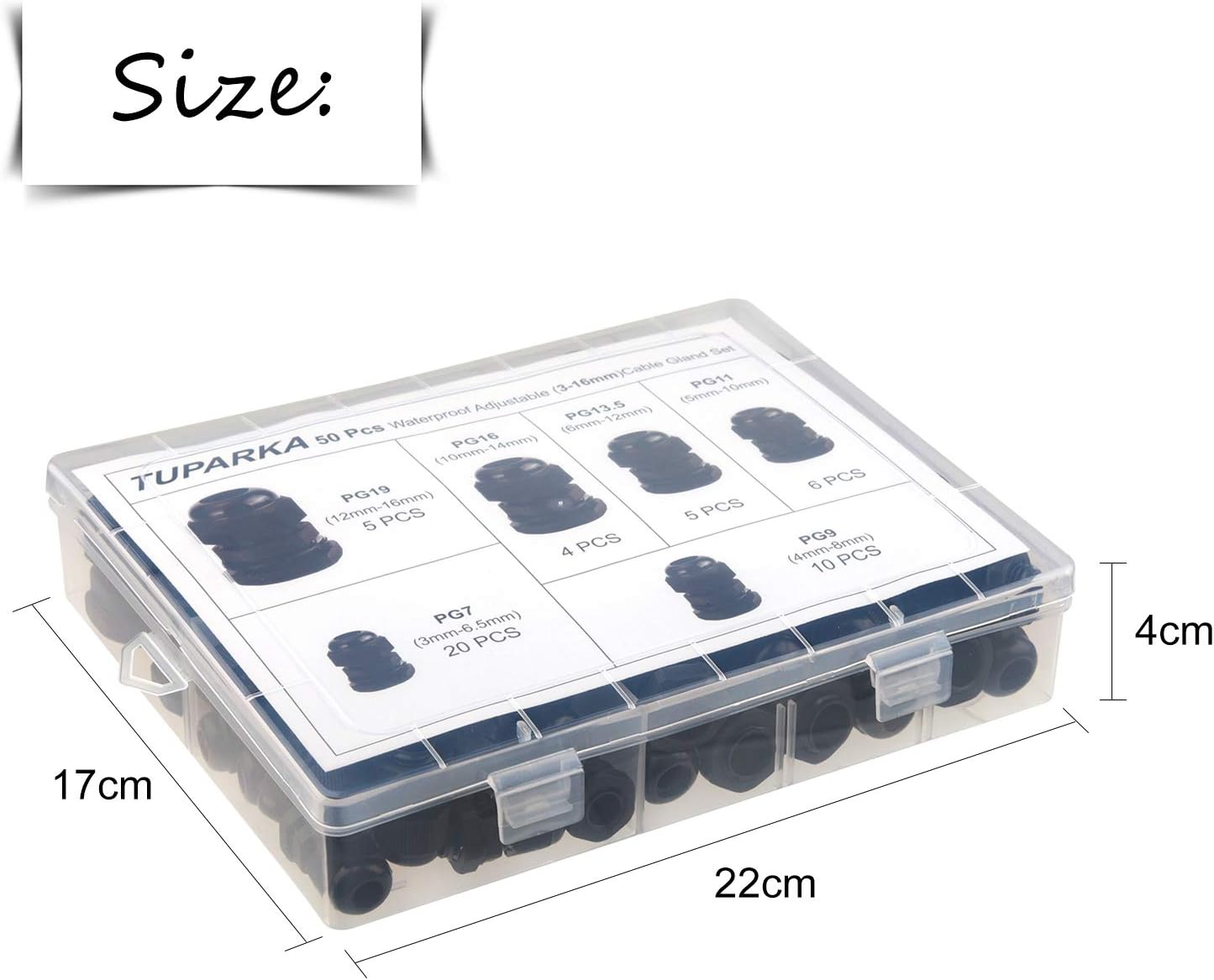 TUPARKA 50 Pack Cable Gland Waterproof Adjustable 3-16mm Cable Connectors PG7 PG9 PG11 PG13.5 PG16 PG19 Plastic Cable Gland Joints with Gaskets in PP Box
