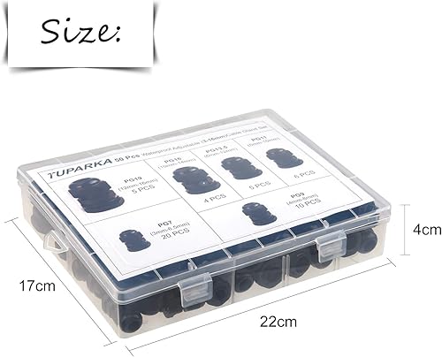 Miniatura 7 de TUPARKA Paquete de 50 conectores de cable impermeables ajustables de 3 a 0.630 in, PG7 PG9 PG11 PG13.5 PG16 PG19 de plástico con juntas en caja de