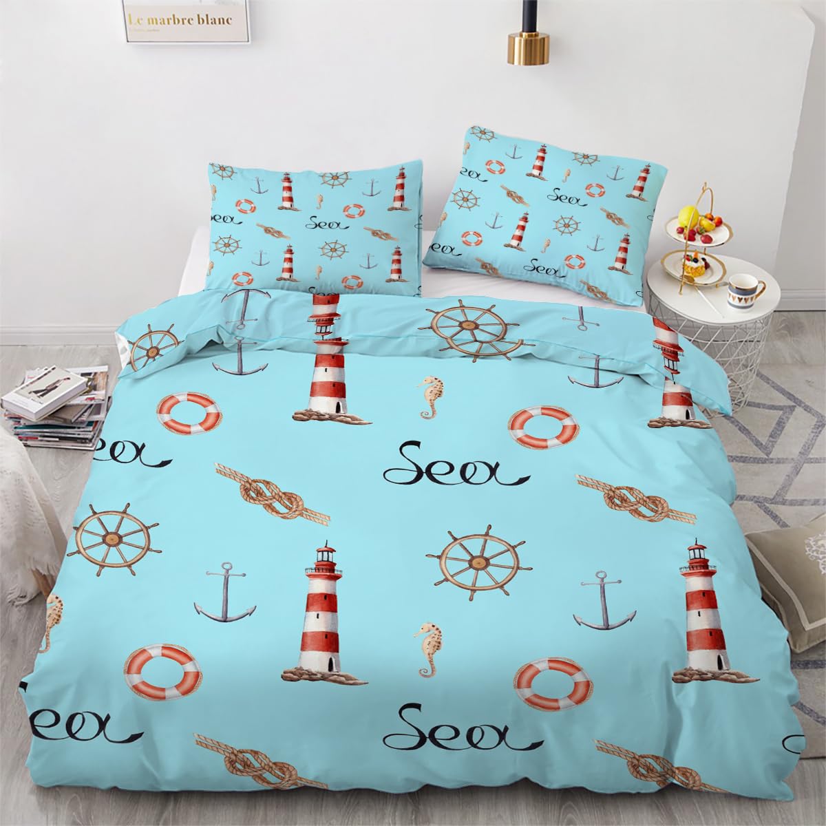 Housse de couette 240x260cm thème océanique en microfibre avec 2 taies d'oreiller