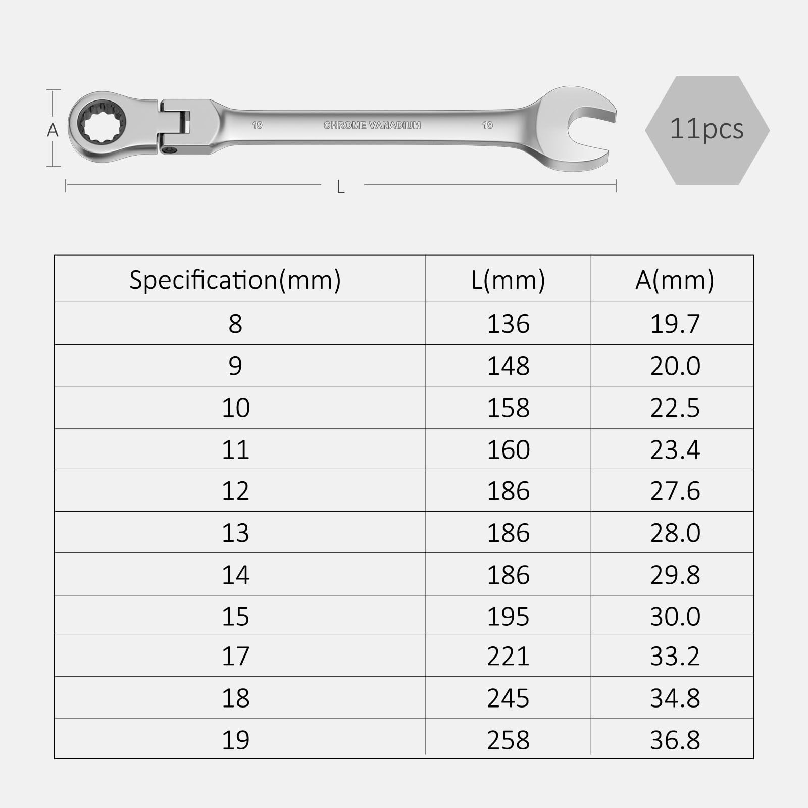Anesty Lot de 11 clés mixtes à cliquet à tête flexible 72 dents métriques 8-19 mm en acier au chrome vanadium avec pochette de rangement, pour réparation de voiture, entretien industriel