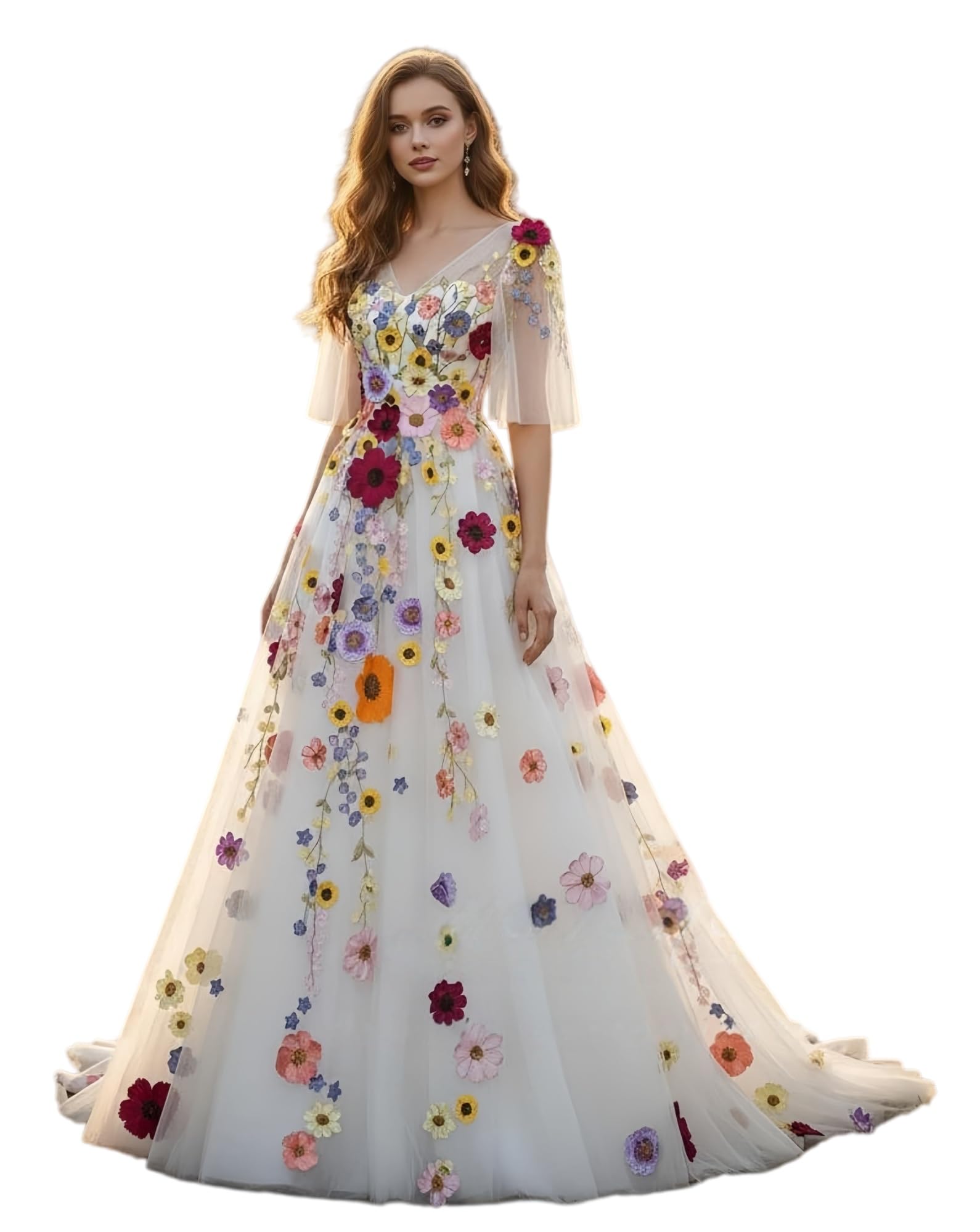 TSxuelian Fiori 3D Mezze Maniche Abito Da Sposa Ricamo Floreale Tulle Una Linea Puff Abiti Da Sposa per Le Donne Vestidos De Noche