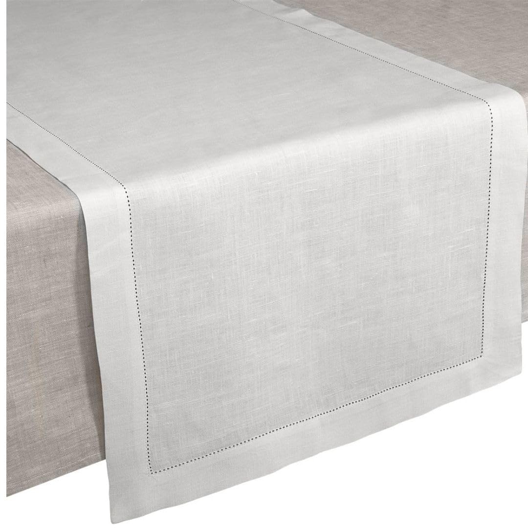 Cuore di lino - Chemin de table en pur lin 100 % fabriqué en Italie Ajour blanc optique (50 x 150 cm)