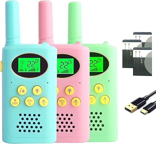 Miniatura 1 de POKPOW Walkie Talkies recargables para niños, 22 canales, juguete de radio de 2 vías con batería de litio de 3 x 1200 mAh, linterna LCD