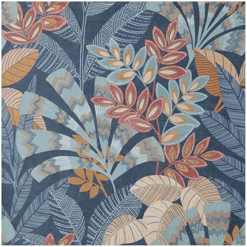 Crown Asha Leaves Wallpaper - Navy Burnt Orange Luxury Fabric Effect - 10.05m x 53cm Roll - Paste The Paper Washable - Contemporary Versatile Sophisticated - Bedroom Living Room