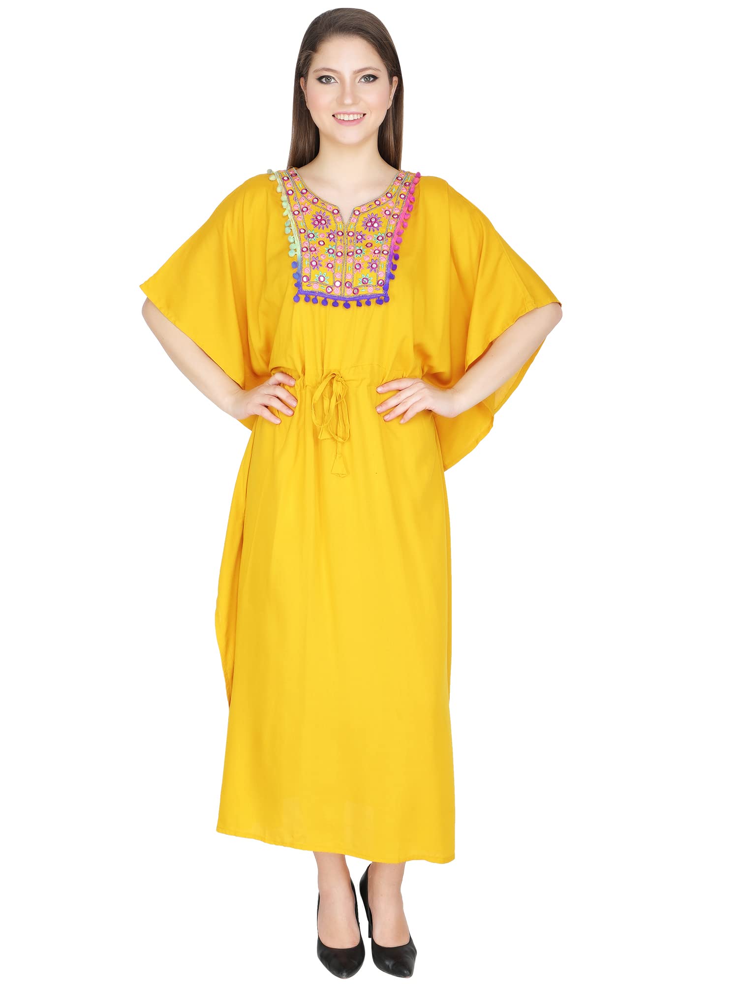 ukal Women’s and Girl’s Summer Embroidery Short Sleeve Bikini Swimsuit Cover Up Maxi Kaftans Beach Dress (Medium, Yellow)-picture-42