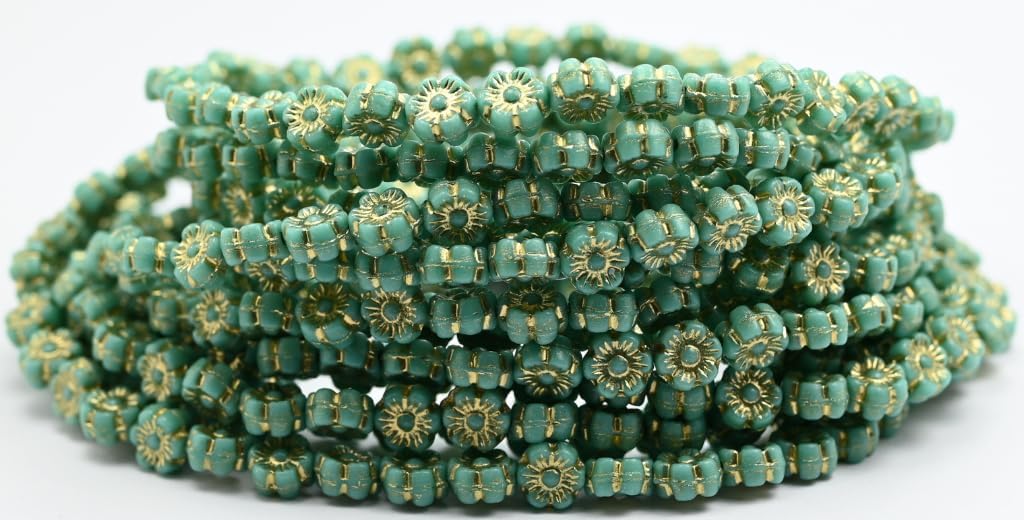 400p Hawaii Flower Pressed Glass Beads, Opaque Green Gold Lined (53130-54202), Glass, Czech Republic ~ Stranded (6 x 6 mm)