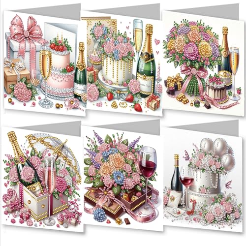 Awesocrafts 6pcs Diamond Art Christmas Cards Kits Flower Cake, DIY Diamond Painting Cards Sets