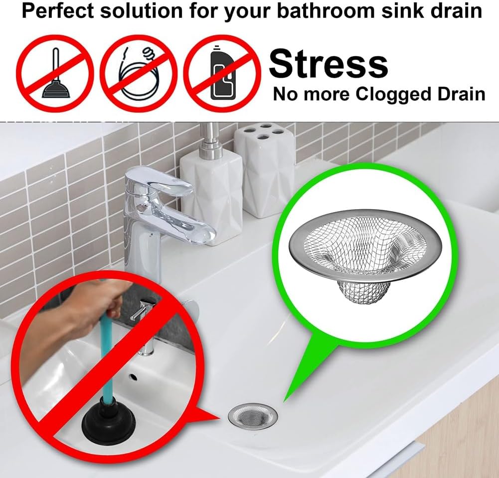 6 Pack - 2.125Inch Top / 1Inch Basket - Mesh Sink Drain Strainer Hair Catcher for Bathroom Sink, Utility, Slop, Laundry Easy Install Easy to Use, Silver