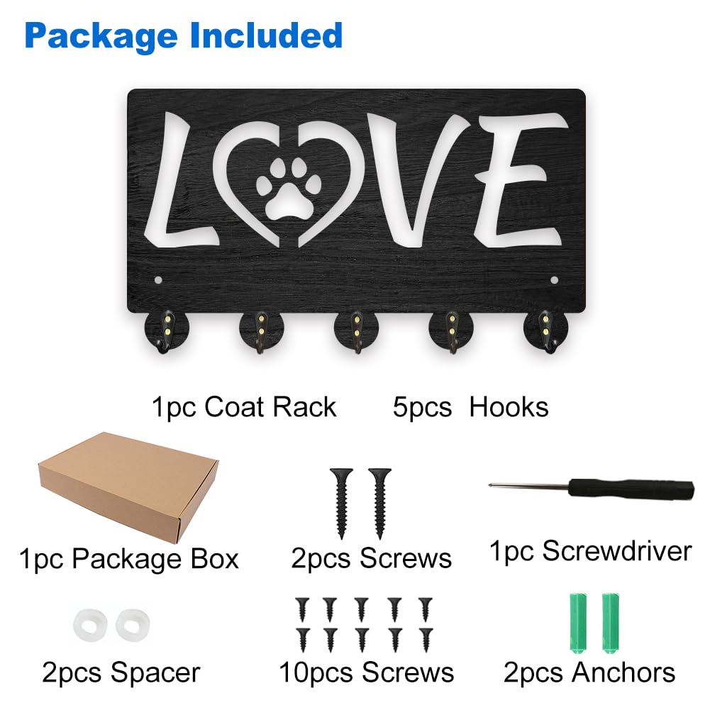 MAYJOYDIY Wooden “Love” Text Key Hook Wall Mounted Paw Print Key Hangers for Wall 30 x 17.4 cm Black Key Holder 5 Alloy Hooks Home Decor Gifts Entryway Kitchen Bathroom Organizer - Image 3