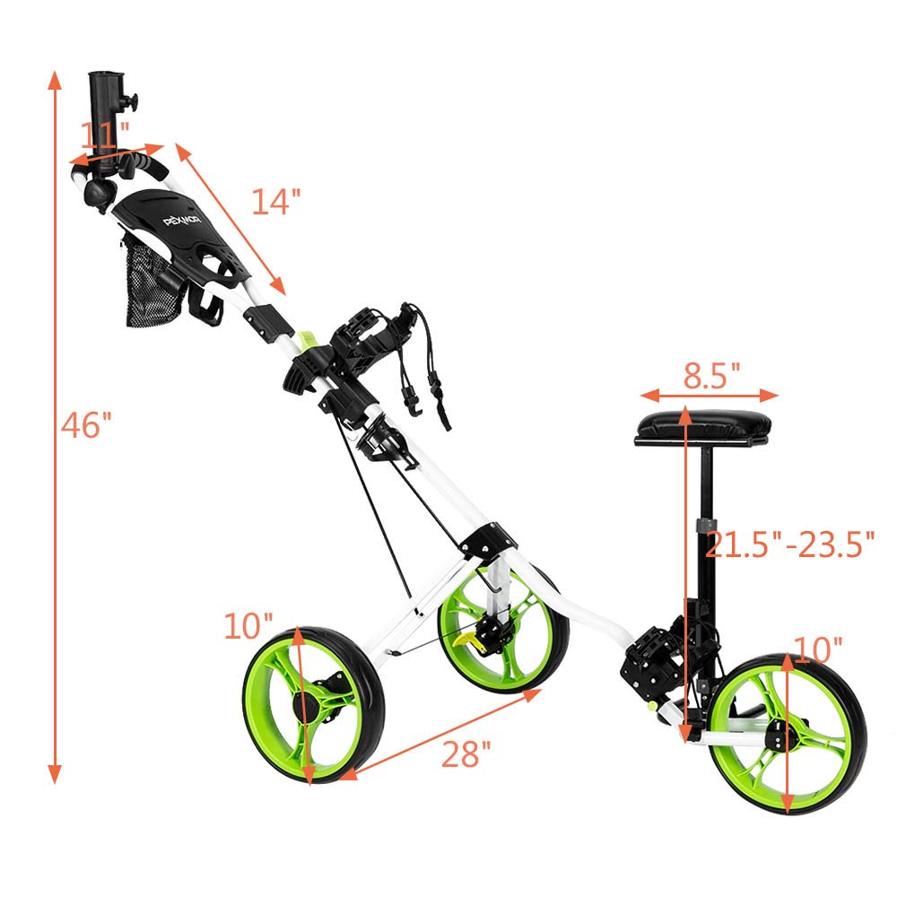 PEXMOR Foldable Golf Push Cart, 3 Wheel Golf Cart with Detachable Seat