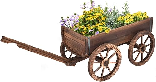 HAPPYGRILL Carro de madera, soporte decorativo para macetas con 4 ruedas y agujeros de drenaje, maceta de carro al aire libre para patio, patio
