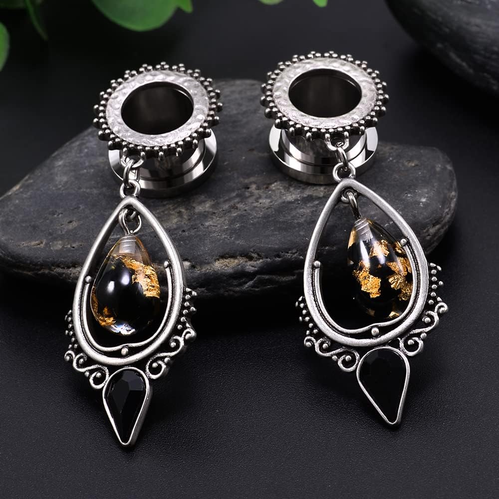 TBOSEN Stainless Steel Teardrop Black Obsidian Stone Large Dangle Bridal Plug Ear Gauges Stretching Tapers Screw Fit Tunnels