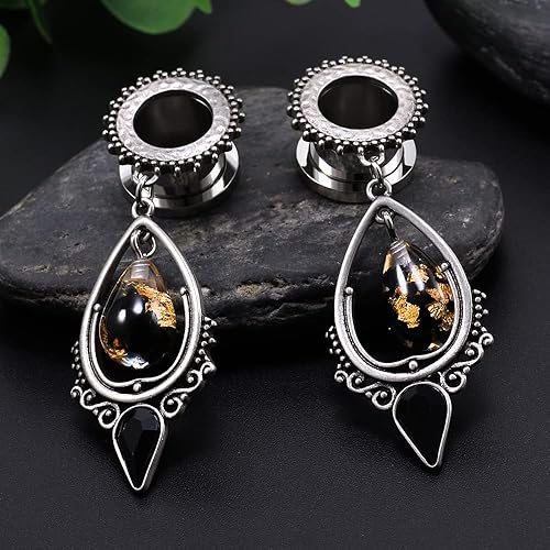 Vista 4 de TBOSEN - Expansores de oreja con aretes grandes en forma de lágrima de acero inoxidable con piedra negra de obsidiana para novia, con tornillos