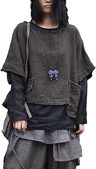 NFYM Women Early Autumn Short Outerwear Thick Yarn-Dyed Short Sleeve Linen Tops Retro Pullover with Pockets