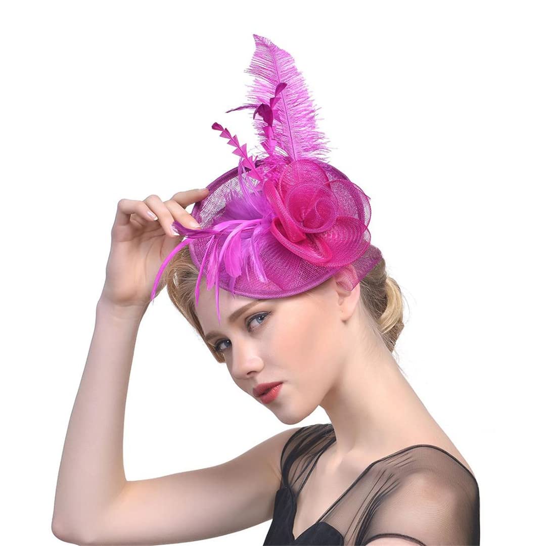FBHappiness Fascinator Feathers Headpiece Cocktail Tea Party Headwear Flower Mesh Headwear Hair Clip For Wedding,Feather Flower Hair Clip(Rose)
