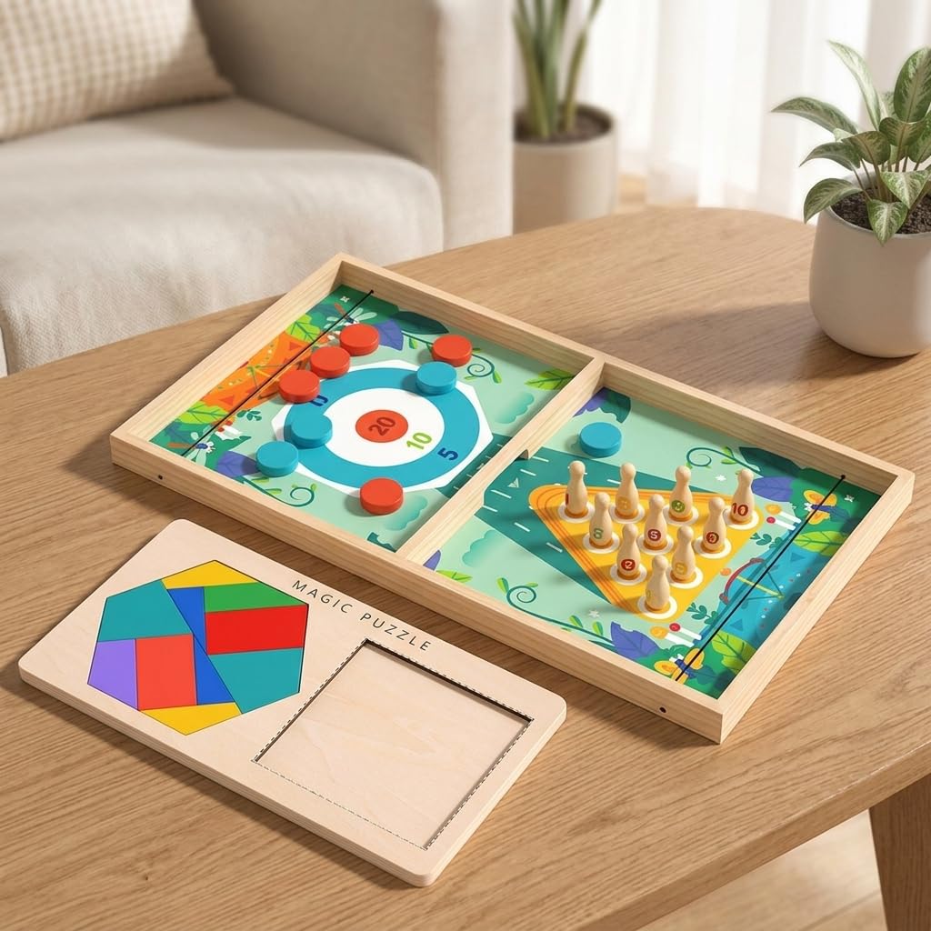 Holzbrettspiel, Geschicklichkeitsspiel für Kinder 3-12 Jahre, Familienspiel für 2 Spieler, Schnipp Chess Set & Zauber Puzzle