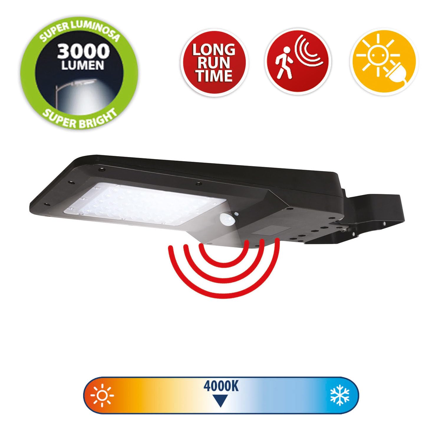 Velamp Cruiser M Lampione solare 25 W – 3000 lm, 40 SMD LED, Sensore di Movimento, Batteria Ricaricabile, IP65, Automazione Notturna – Ideale per Giardini, Parcheggi, Viali