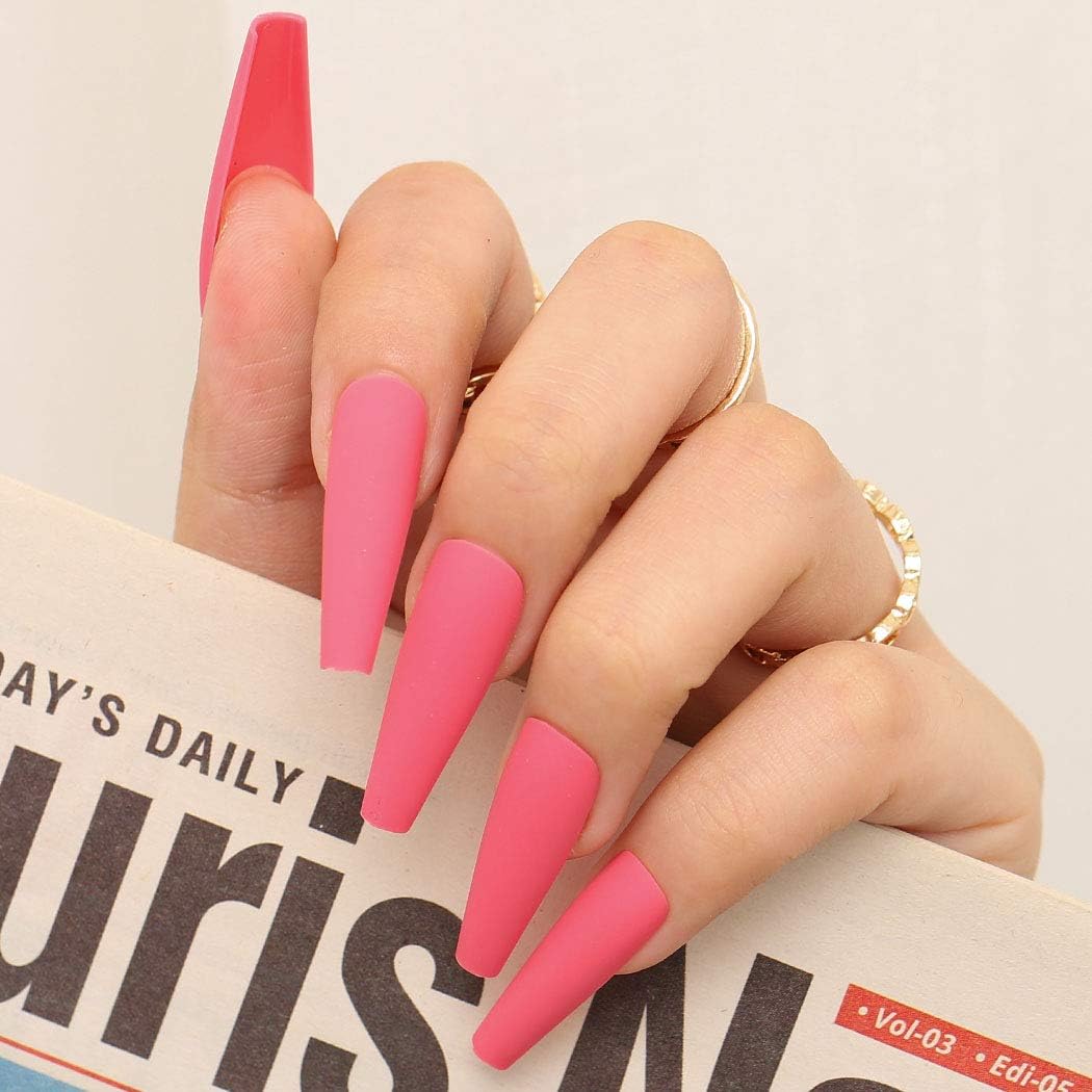 Bohend Long Coffin False Nails Matte Gradient Fake Nail Ballernia Party 24 Pcs Press on Nail for Women and Girls (Pink) - Image 4