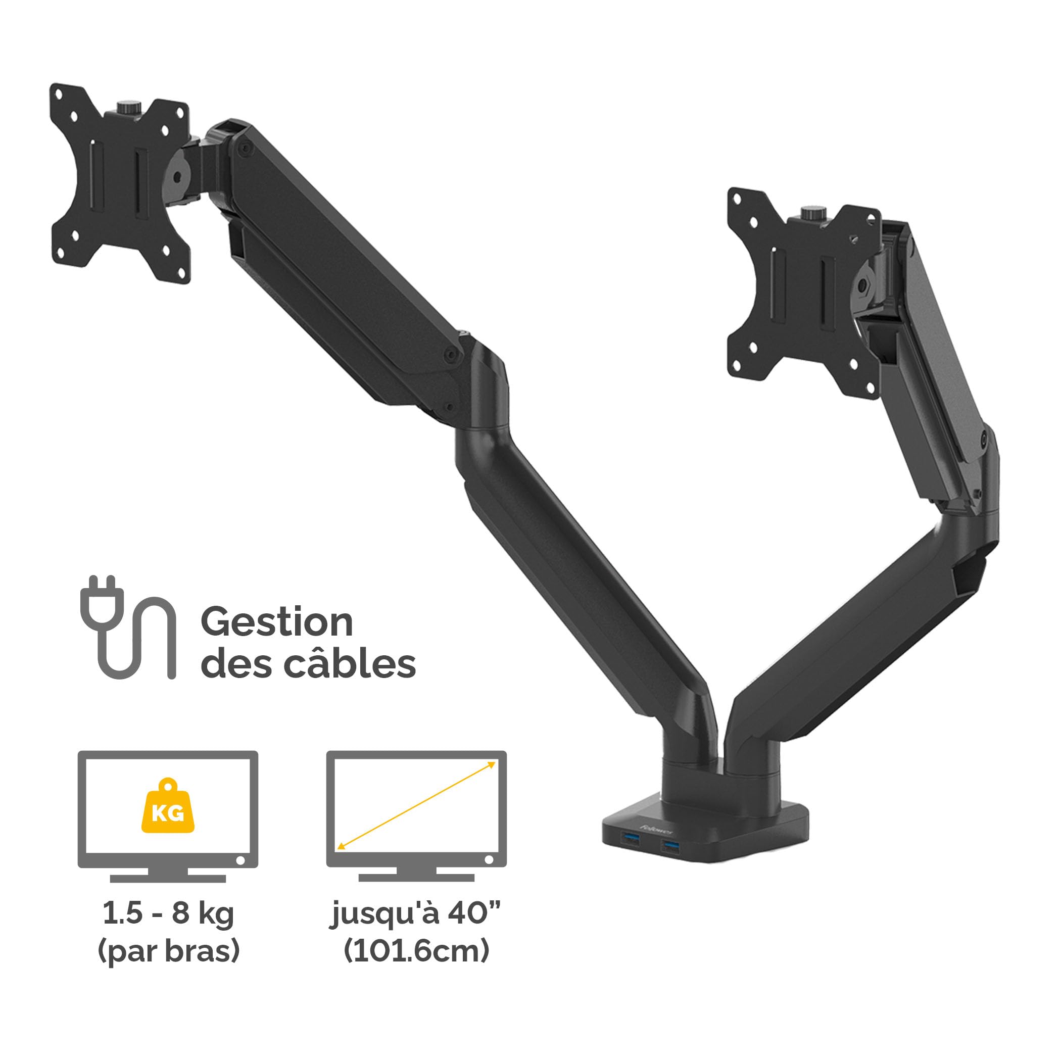 Fellowes Bras Porte Écrans Platinum Double Horizontal pour 2 Moniteurs Jusqu'à 32", Hauteur Ajustable, Norme VESA, 2 Ports USB