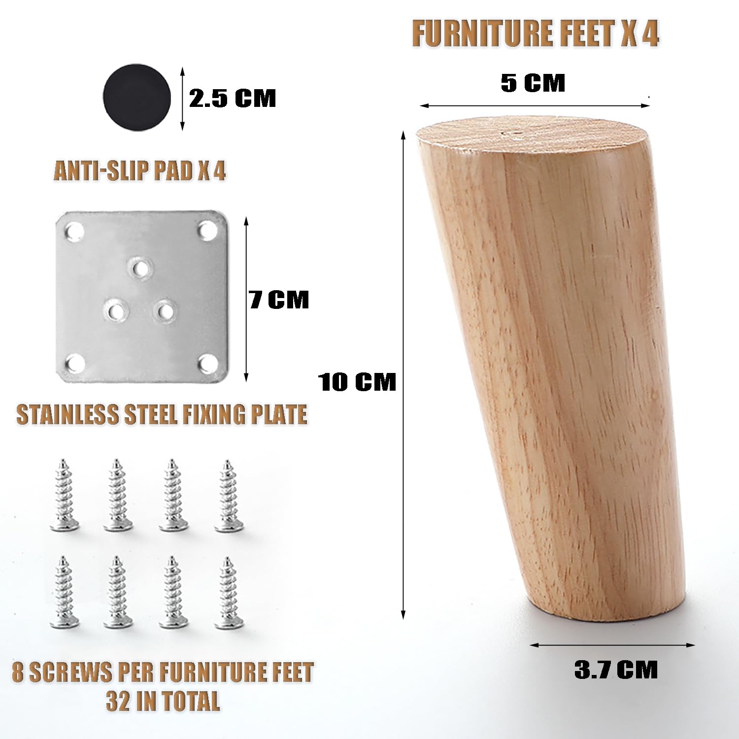 Cobenga 4 Pcs Wooden Furniture Legs, 10cm Round Solid Wood Furniture Legs Sofa Replacement Legs - Image 2