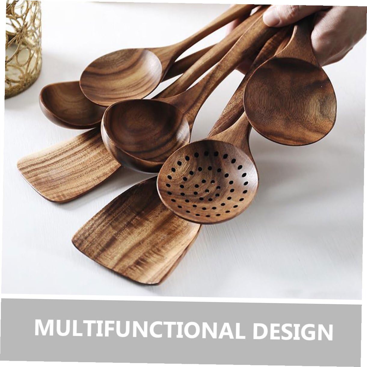 Set di Cucchiai da Cucina in Legno di Acacia 7 Pezzi, Cucchiaini da Tè e Palette Piccole Riutilizzabili, Utensili Ergonomici con Foro Appendibile per Casa, Bar e Ristoranti