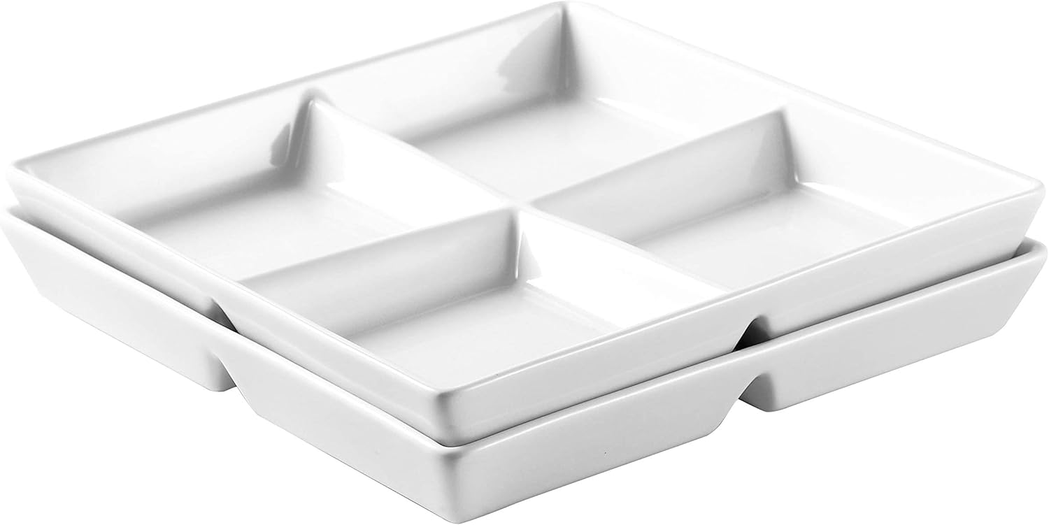 Bruntmor Snacks Dinner Serving Tray Dish in White |10 x 10 inch Set of 2 Decorative Ceramic Appetizer 4 -Compartment Serving Platter Tray | Chafing Dish | Serving Dishes