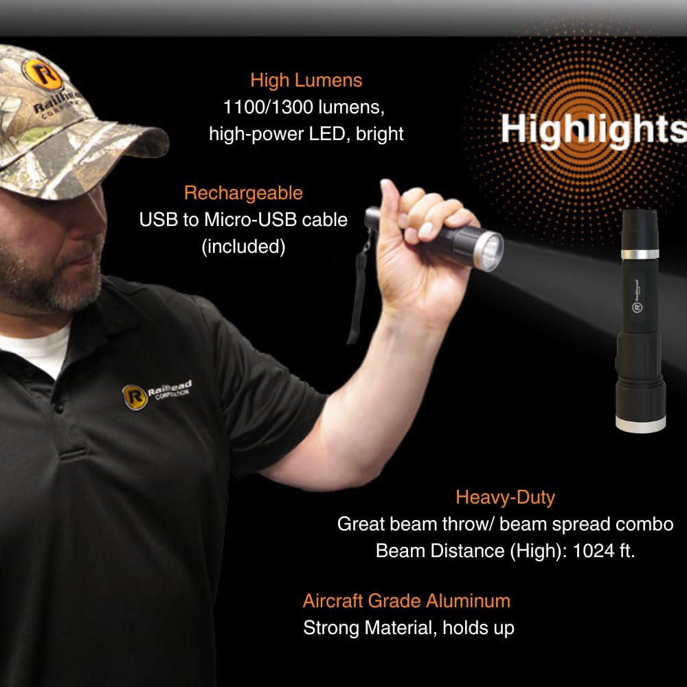 Railhead Rechargeable LED Flashlight, Bright Handheld Compact Light with high lumens - 1100/1300 LMS, Heavy-Duty Aircraft-Grade Aluminum Material KE-FL1065: Amazon.com: Tools & Home Improvement Railhead Rechargeable LED Flashlight, Bright Handheld Compact Light with high lumens - 1100/1300 LMS, Heavy-Duty Aircraft-Grade Aluminum Material KE-FL1065: Amazon.com: Tools & Home Improvement
