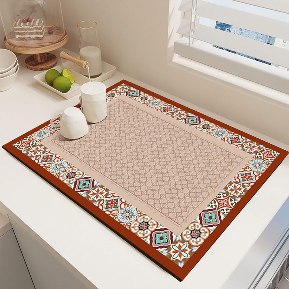 Odot Dish Drainer Mat, Moroccan Style Non Slip Washable Drainer Mat Dish Drying Mats for Kitchen, Nanofiber Diatomaceous Earth Multifunctional Drying Mat (Orange,40x50cm)