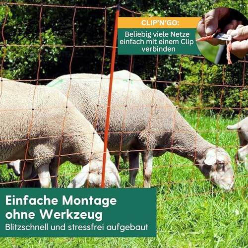 Agrarzone® Schafnetz Schafzaun mit Strom [Orange- 50mx108cm] - Weidezaun Elektro Netz - Mit Doppelspitze & Pfähle - Schutzzaun für Schaf Ziege Lämmer - Elektro Zaun Geflügelzaun Ziegenzaun Schafzäune