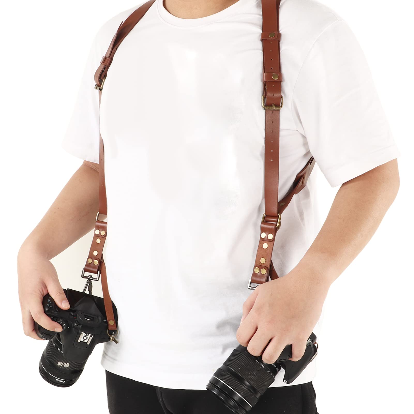 Tracolla per fotocamera doppia in pelle, cinghia per imbracatura per doppia fotocamera per due fotocamere. Imbracatura per doppia fotocamera in pelle regolabile per appendere